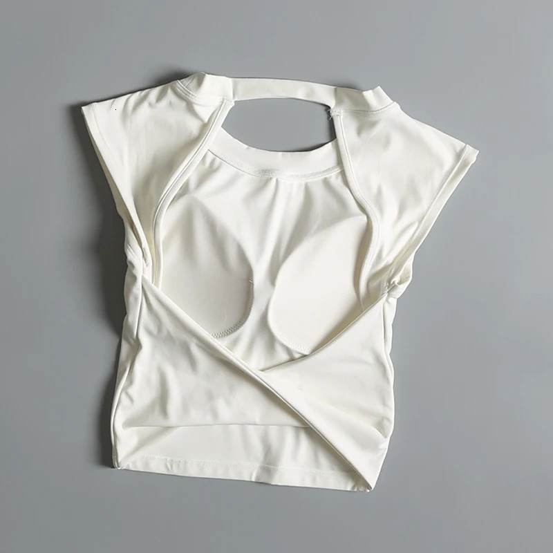 Womens Yoga Sports Vest Sexy Halter Short Sleeve T-Shirt Fixed Chest Pad Breathable Reversible Waist Slimming Fitness Clothing 250609