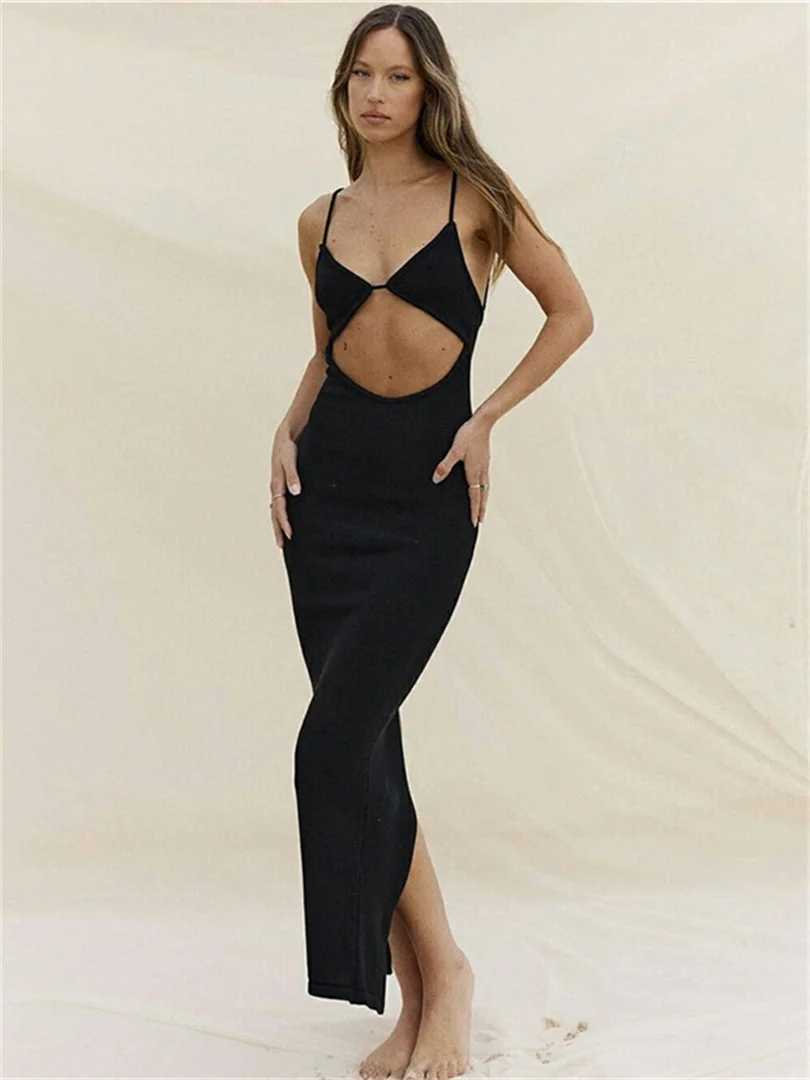 Backless Suspender Beach Dress Elegant Party Women Sleeveless V-Neck Cutout Bodycon Mini Sundress Sexy Split Wrap Dress XJ250610