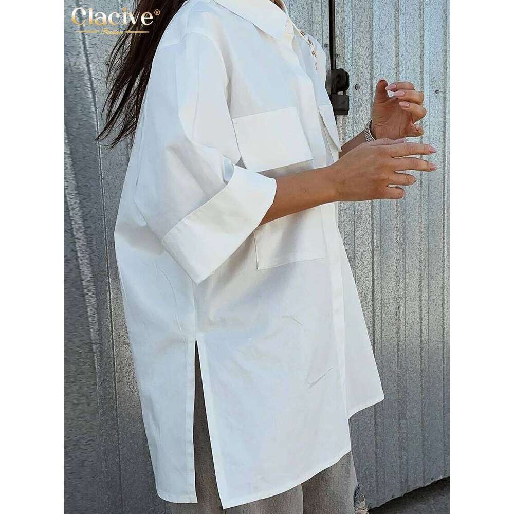 Clacive Fashion Loose White Cotton Women's Blouse Casual Lapel Short Sleeve Shirts Elegant Classic Pockets Tops Female Clothing