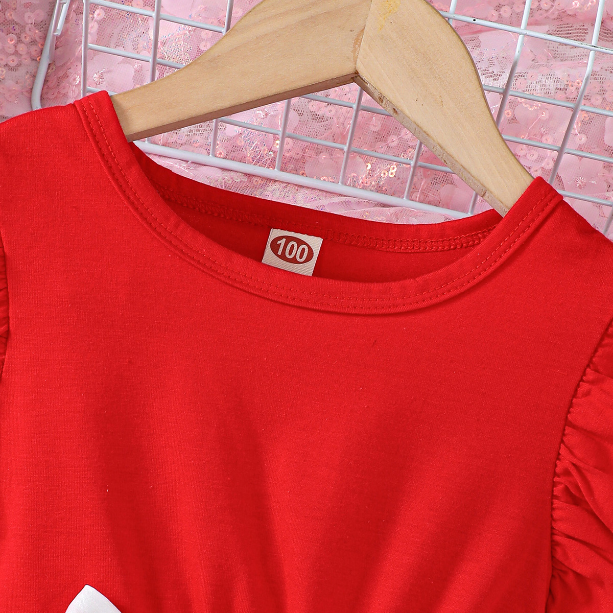 Round Neck Flying Sleeve Red Tunic With Heart Pattern For Teenage Girls In Summer