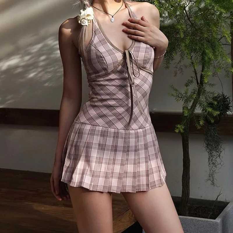 Candyhot Retro Plaid Halter Sleeveless Drawstring Mini Dresses Backless Korean Style Sexy Spring Evening Party Women Dresses XJ250610