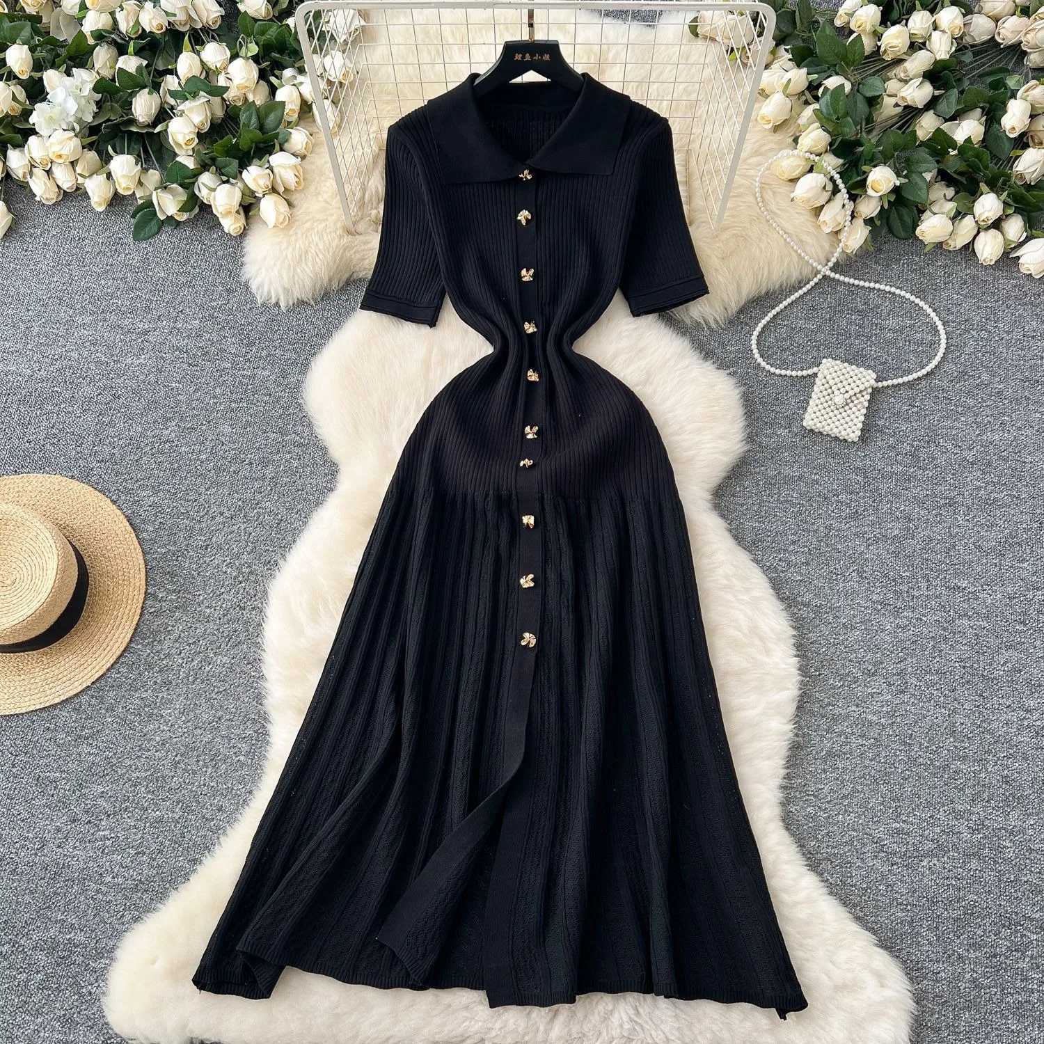 YuooMuoo Chic Fashion Elegant Patchwork Knitted Maxi Dress 2025 Summer Lady Turn-down Collar Shirt Sweater Dress Party Dresses XJ250610