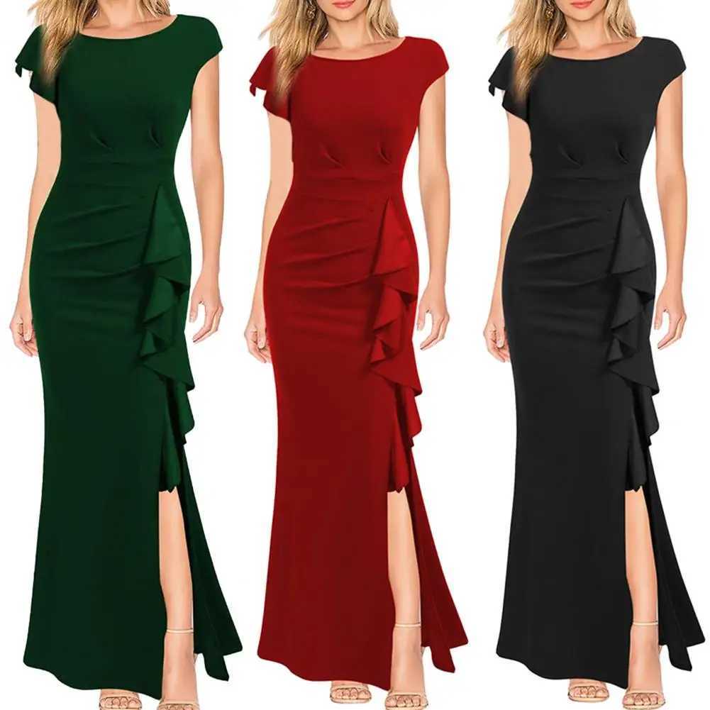 Elegant High Waistline Dress Elegant Summer Evening Party Dress with Side Ruffle Detail Slim Fit Wrap Womens O-neck Gown Dress XJ250610