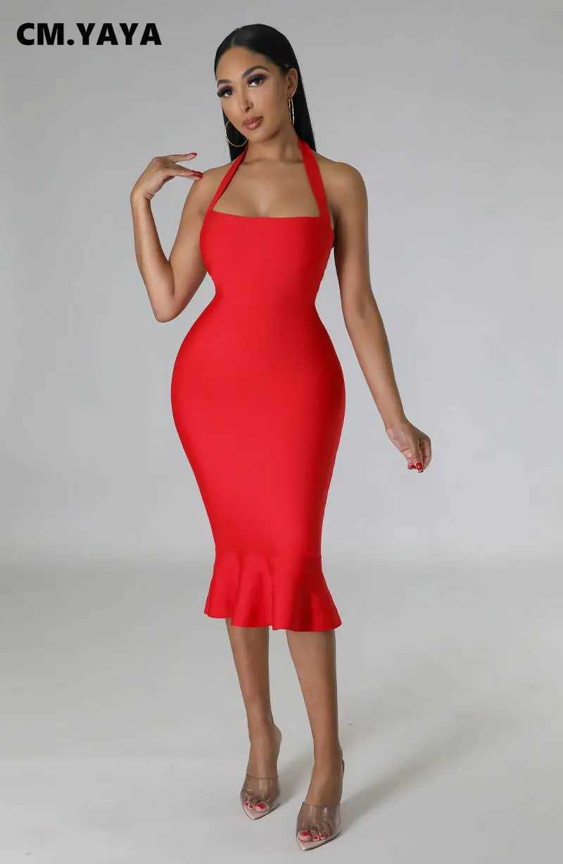 CM.YAYA Women Halter Sleeveless Ruffles Mermaid Bodycon Midi Dress 2023 Summer Sexy Clubwear Party Evening Dresses XJ250610