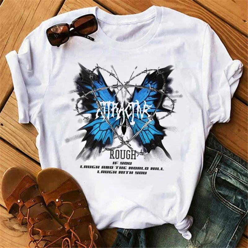 Gothic Women's Butterfly Tree Print Harajuku Designer T-Shirt Round Neck Top Short Sleeve Casual Summer Tee Shirt 2025 New