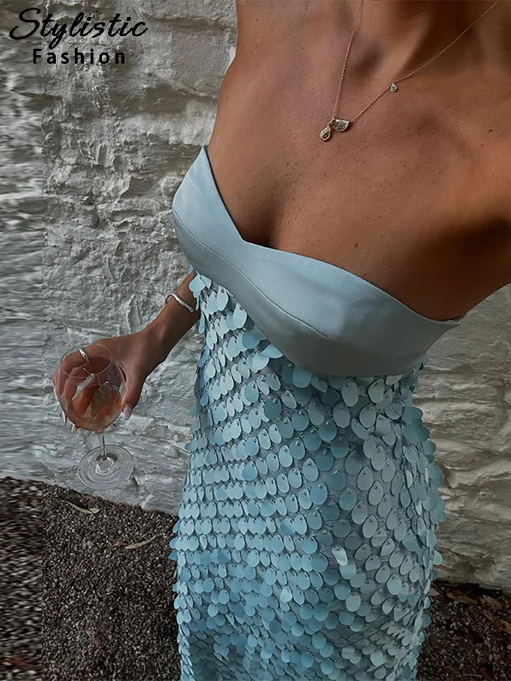 Sexy Sequined Spliced Long Dress Women Stain Backless Sleeveless Slim Tube Top Party Dresses Summer Vacation Robes Lady 250610
