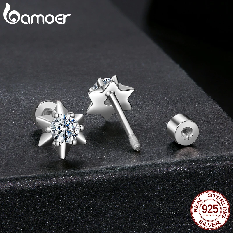 BAMOER Diamond Sparkling Hexagram Moissanite Stud Earrings, 925 Sterling Silver Lab Created Diamond Mini Star Earrings Birthday Gift Jewelry MSE102