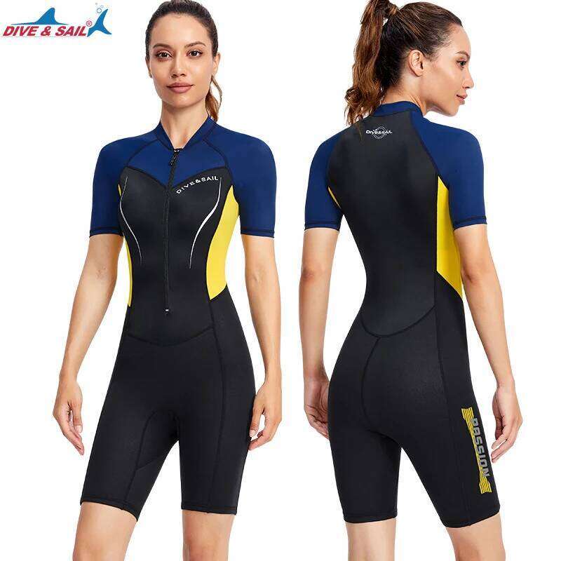 Shorty Wetsuit,1.5mm Neoprene+ Lycra Women's Keep Warm In Cold Water One-piece Short Sleeve Swimsuit Wet Suit UPF50+ Rash Guard