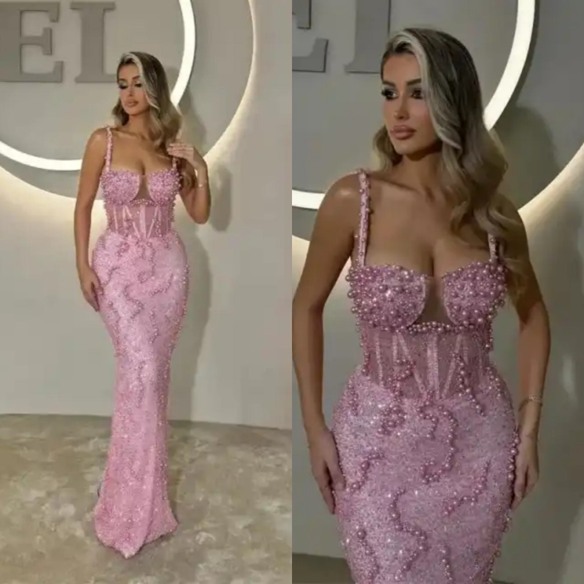 Fashion Mermaid Evening Dress Beaded Pearl Spaghetti Strap Sleevless Prom Gowns Illusion Floor Length Formal Dresses Customized