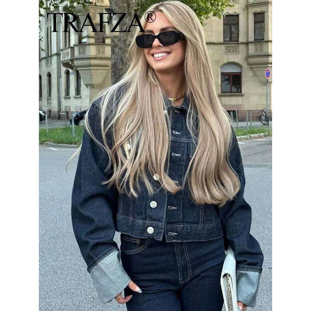 TEAFZA 2024 Vintage Women Patchwork Denim Jacket Pant Sets Long Sleeve Cropped Coat+High Waist Wide Leg Pants Streetwear Suit