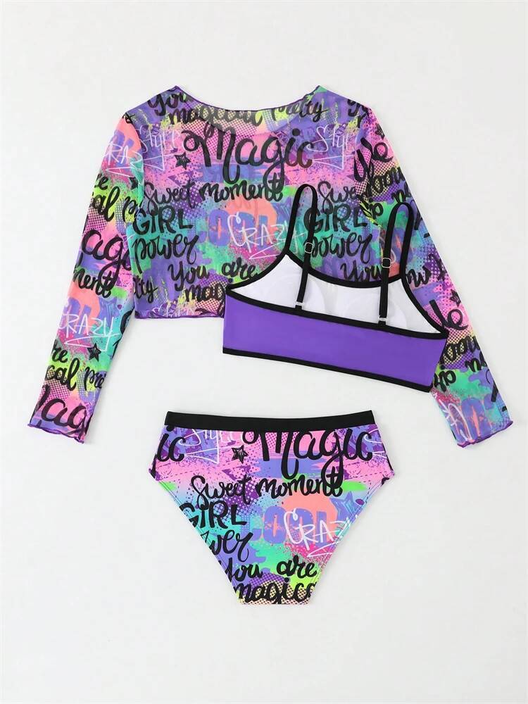 Bikini Kids Girls Swimsuit 2025 New Purple Letter Sling Mesh Long Sleeve Children Bikinis Set Swimwear Summer Beach Bathing Suit