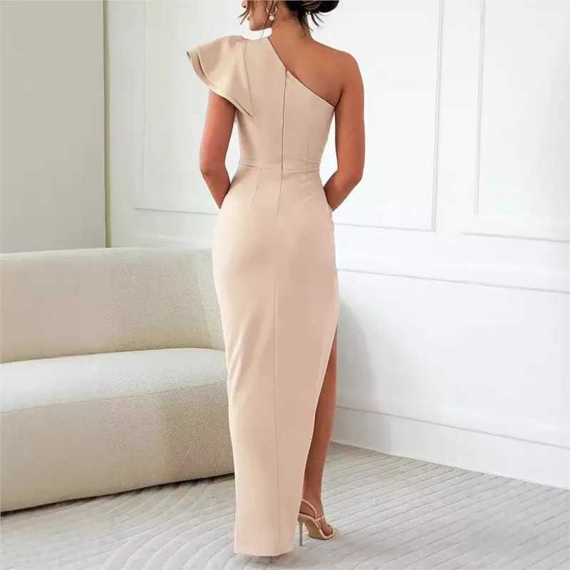 Spring Summer Fashion Solid Color Dress Women Sexy Slanted Neck Short Sleeve High Waisted Slit Dress Elegant Slim Dress WomenXJ250610