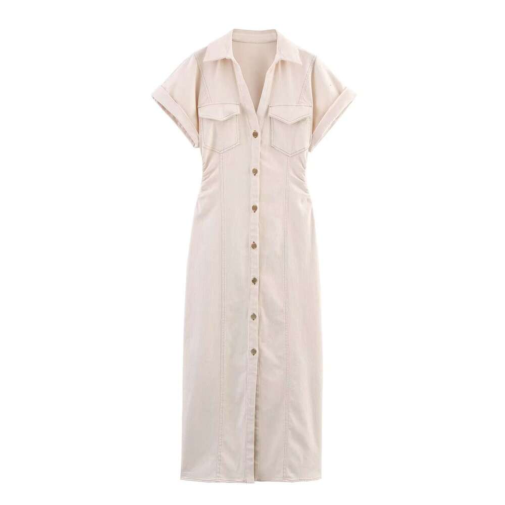 Spring New Style Denim Waist-Cinching Ruched Short-Sleeve Dress2284576 B5