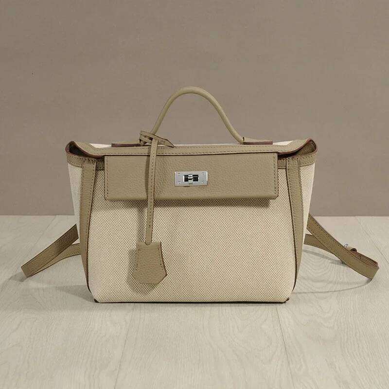 Vintage Classic High-End Feel Canva Cow Leather Flip-Open Molded Lock Buckle Color Blocking Small Square Crossbody Bag
