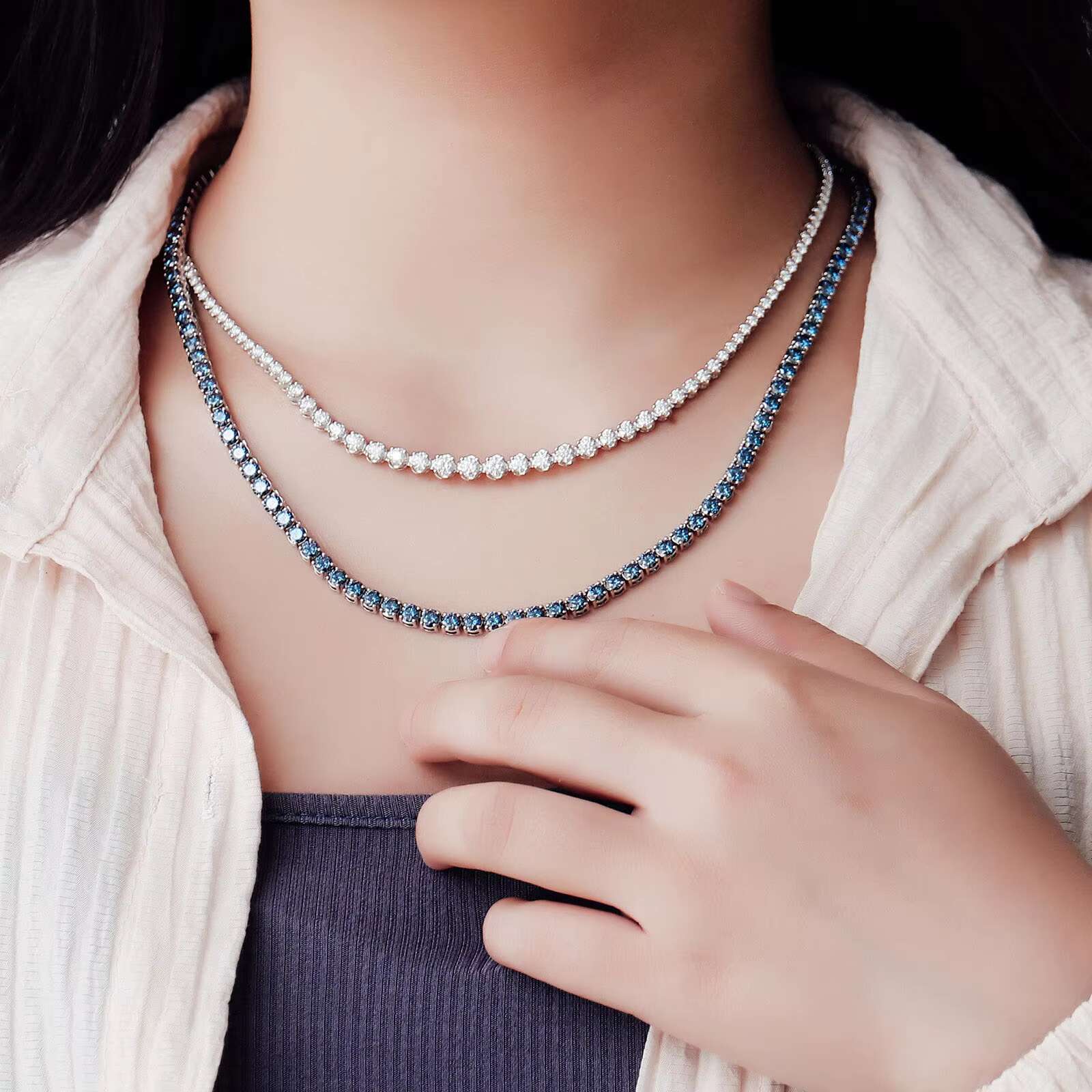 OACOCA Fine Chains Necklaces Blue Moissanite Tennis Chain Necklace 925 Sterling Silver With for Wedding Engagement or Gift