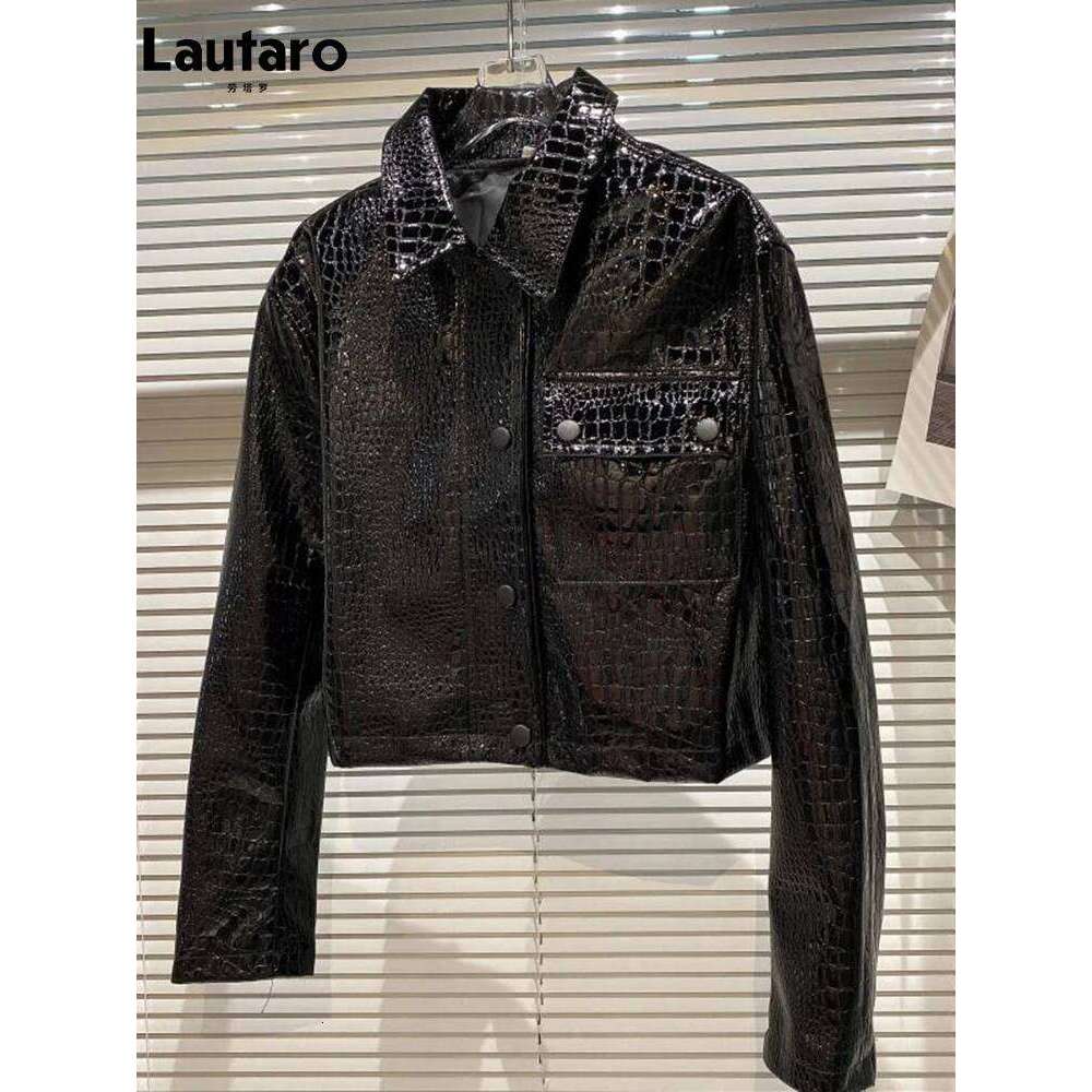 Lautaro-Short Black Patent Leather Jacket For Women, Shiny Reflective Crocodile Print, Long Sleeve, Cool Fashion, Spring,