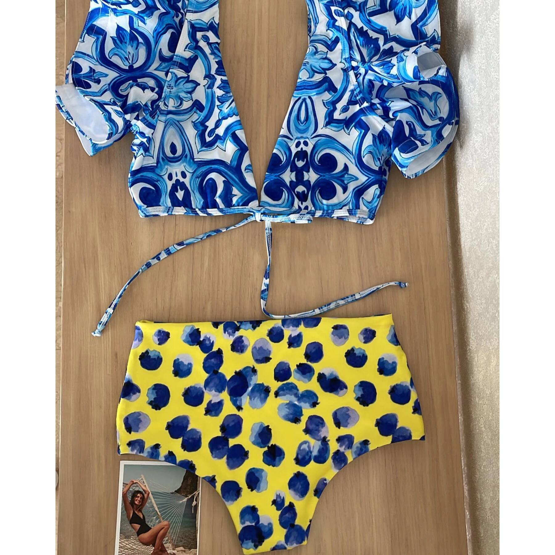 2025 New Print Bikini Ruffle Deep-V Swimwear High Waist Women's Swimsuit Summer Biquini Beachwear Bathing Suit Monkini Female