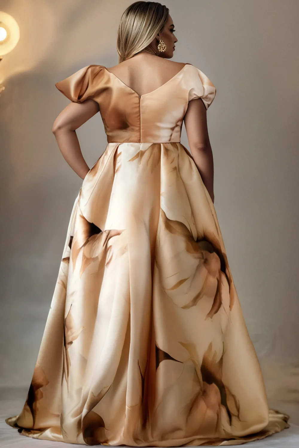 Plus Size Formal Champagne Floral V Neck Pocket High Low Hem Satin Maxi Dresses 250610