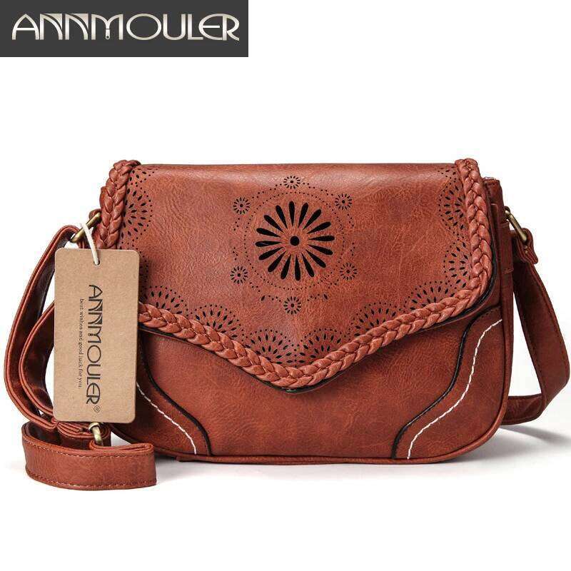 Annmouler Brand Women Shoulder Vintage Pu Leather Crossbody Hollow Out Ladies Satchel Bag Brown Retro Handbag For Girls