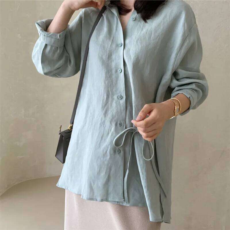 EAEOVNI Sunscreen Linen Blouse For Women Lace-Up Split Design Long Sleeve Solid Color Shirt 2025 New Clothing 1A1140