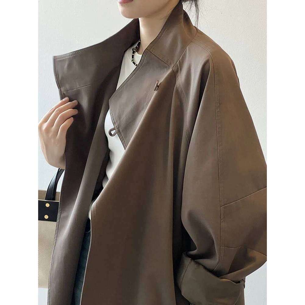 Sleeve Windbreaker Women Vintage Elegant Trench Coat Office Lady Belt Jacket Loose Waist Stand Collar Fashion Long Coats