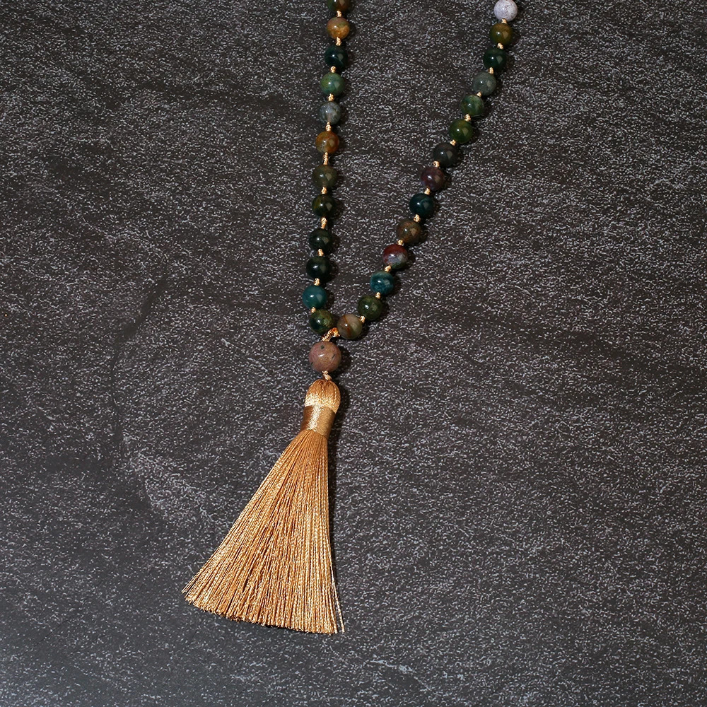6mm/8mm Indian Agate 108 Mala Beaded Necklace Meditation Prayer Rosary with Tassel Pendant for Men and Women 250604