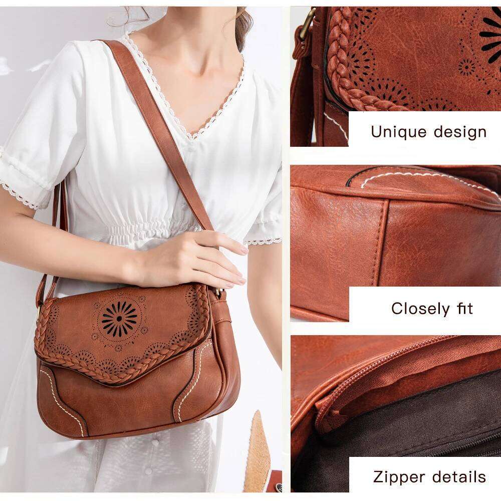 Annmouler Brand Women Shoulder Vintage Pu Leather Crossbody Hollow Out Ladies Satchel Bag Brown Retro Handbag For Girls