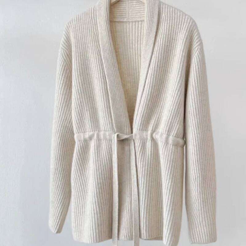 100% Wool Cardigan Women's Loose Jacket For Autumn Winter, Mid To Long Style With Tie Up And Waist Cinching Knit Sweater