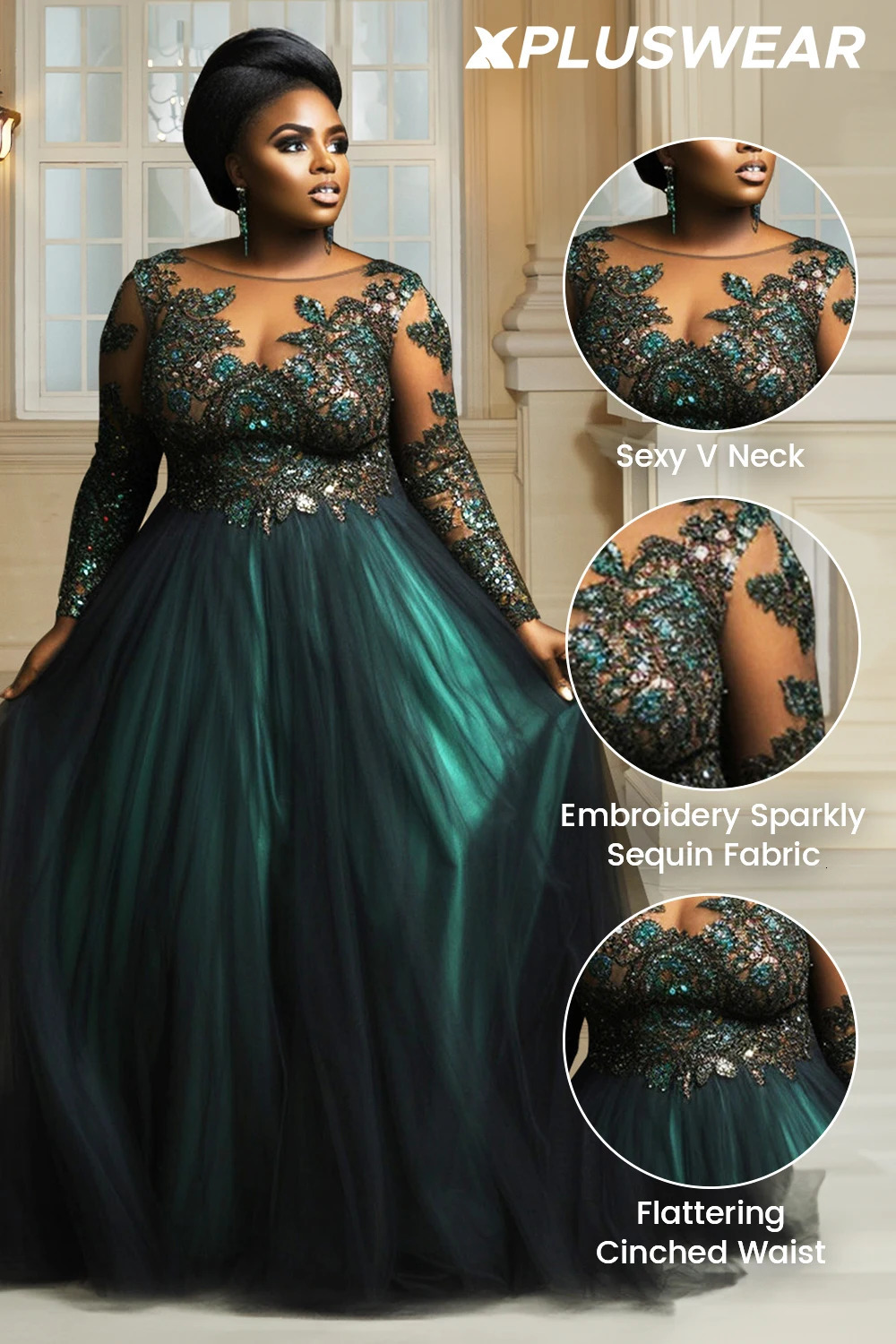 Plus Size Evening Gowns Green Long Sleeve Tulle Maxi Dresses 250610