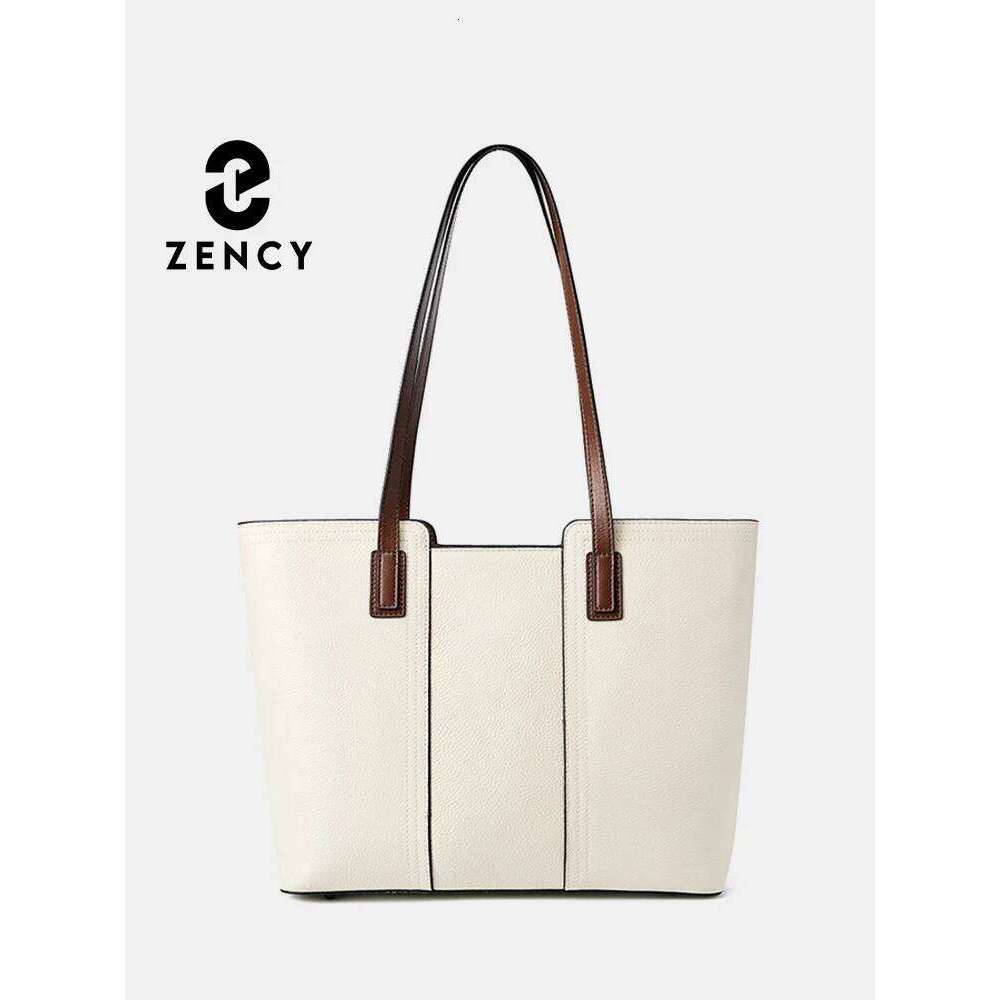 Zency 2024 Genuine Leather Women's Work Tote Bag Handbag Classic Elegant Beige Large Capacity Shopper Pocket Black Purse For A4