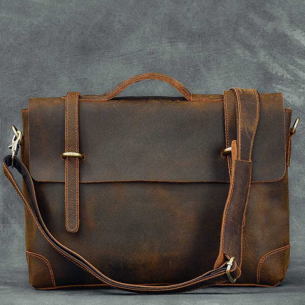 Imported Genuine Leather Retro Mens Handbag Male 14 Inch Laptop Bag Briefcase Classic Shoulder Messenger Bags 2025 New W250610