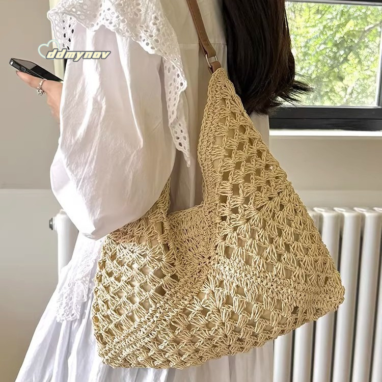 Large Capacity Woven for Women 2025 New Summer Beach Vacation Straw Versatile Commuter Shoulder Tote Bag ddmynov