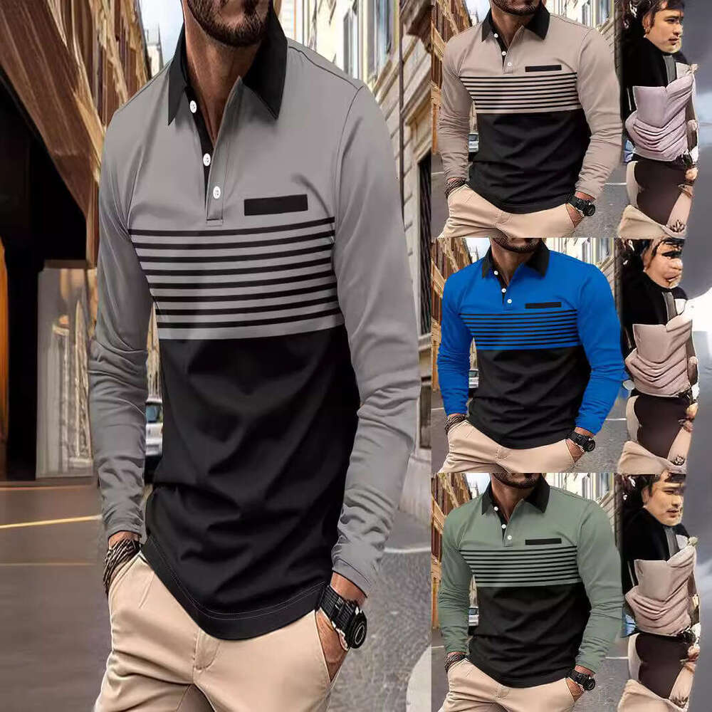Autumn New Men's T-Shirt Casual Striped Turn-Down Collar Long Sleeve Polo Shirt B5