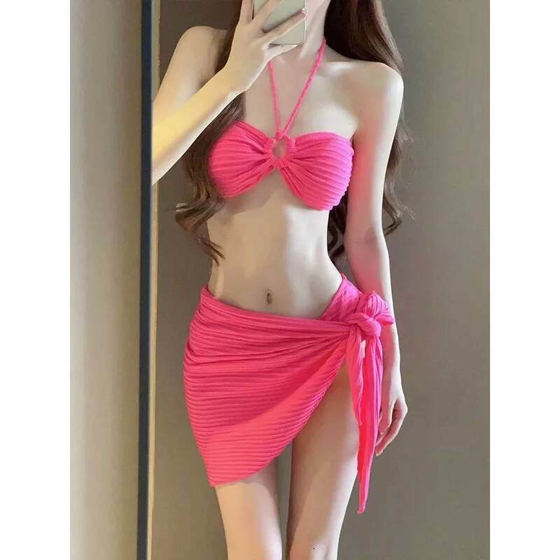 Bikini Three Piece Set Beach Vacation Triangle Sexy high-end White Red Soaking In Hot Spring Swimsuit For Women