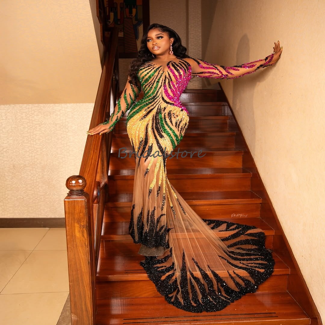 Stunning Colorful Sequin Prom Dress For Black Girls Aso Ebie Mermaid Evening Dress Long Sleeve Glamorous Formal Bespoke Occasion Birthday Dress 2025 R