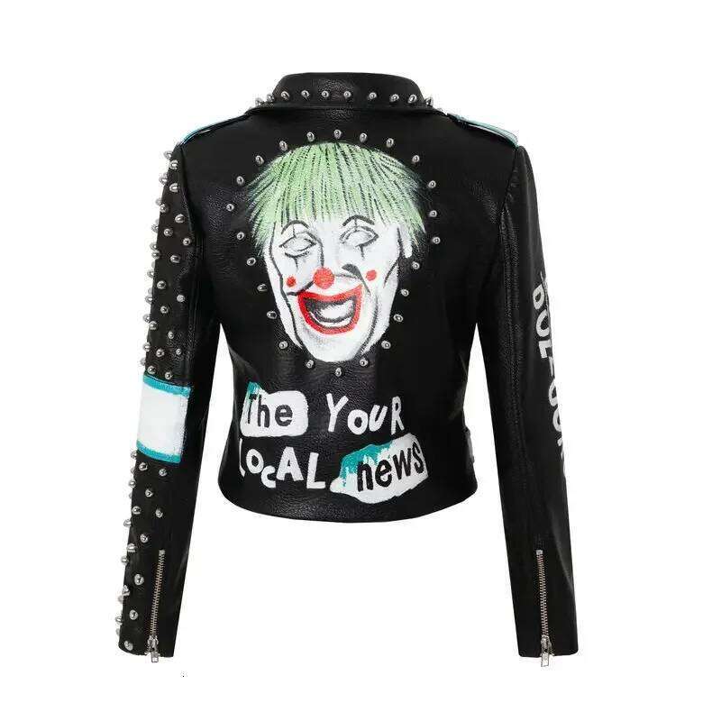 Streetwear Punk Studded Slim Cropped For Women 2025 New Contrast Graffiti Print Faux Leather Motorcycle Jacket