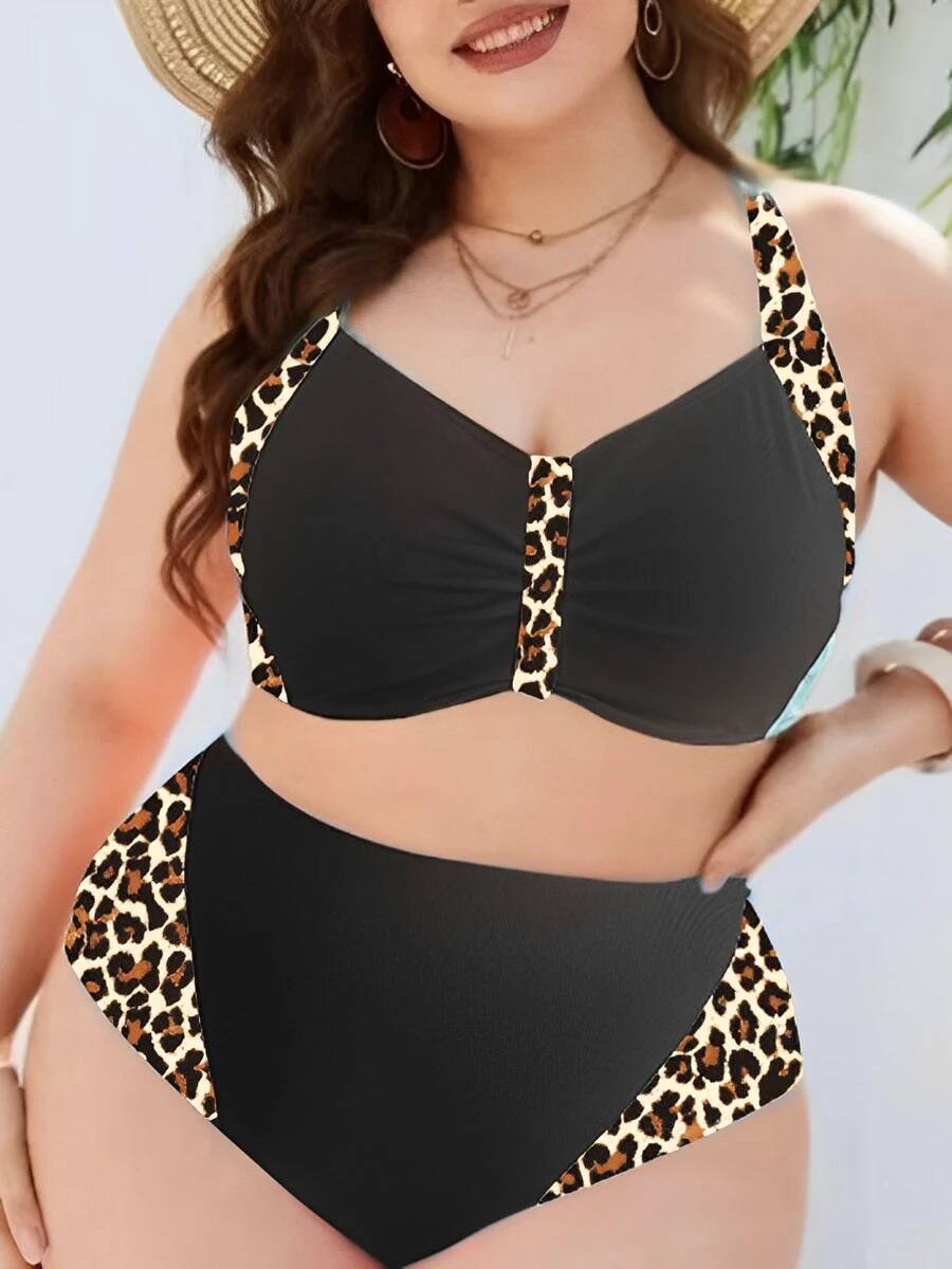 2025 Large Size Leopard Bikinis Two Pieces High Waist Swimsuit Women Halter Swimwear Female Bathing Swimming Suit Beachwear