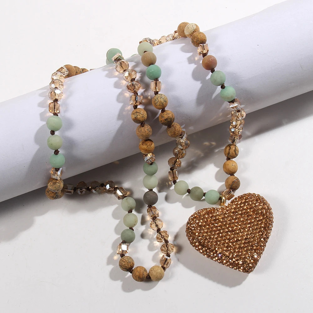 Fashion Bohemian Jewelry 8mm Natural Stone Crystal Glass Long Knotted Necklace Crystal Heart Pendant Necklace For WomenGift 250604