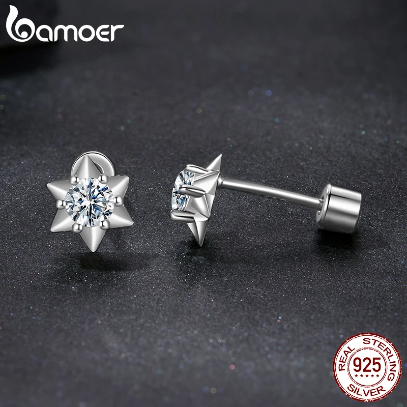 BAMOER Diamond Sparkling Hexagram Moissanite Stud Earrings, 925 Sterling Silver Lab Created Diamond Mini Star Earrings Birthday Gift Jewelry MSE102