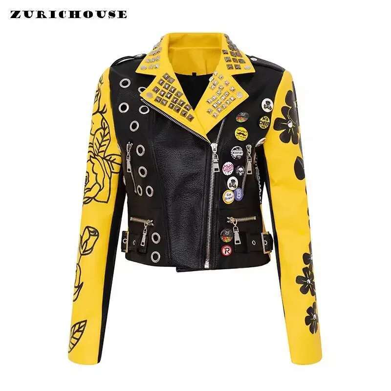 Graffiti Print Faux Motorcycle Jackets For Women 2025 New Trend Streetwear Slim Short Punk Studded Leather Jacket S-Xxxl