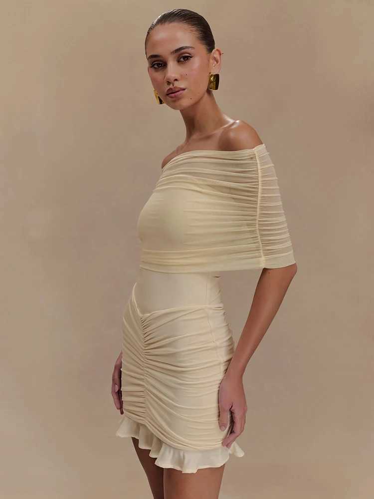 Mozision Mesh Strapless Off-shoulder Sexy Ruffled Mini Dress For Women Fashion Backless High Waist Female Ruched Party Dress XJ250610