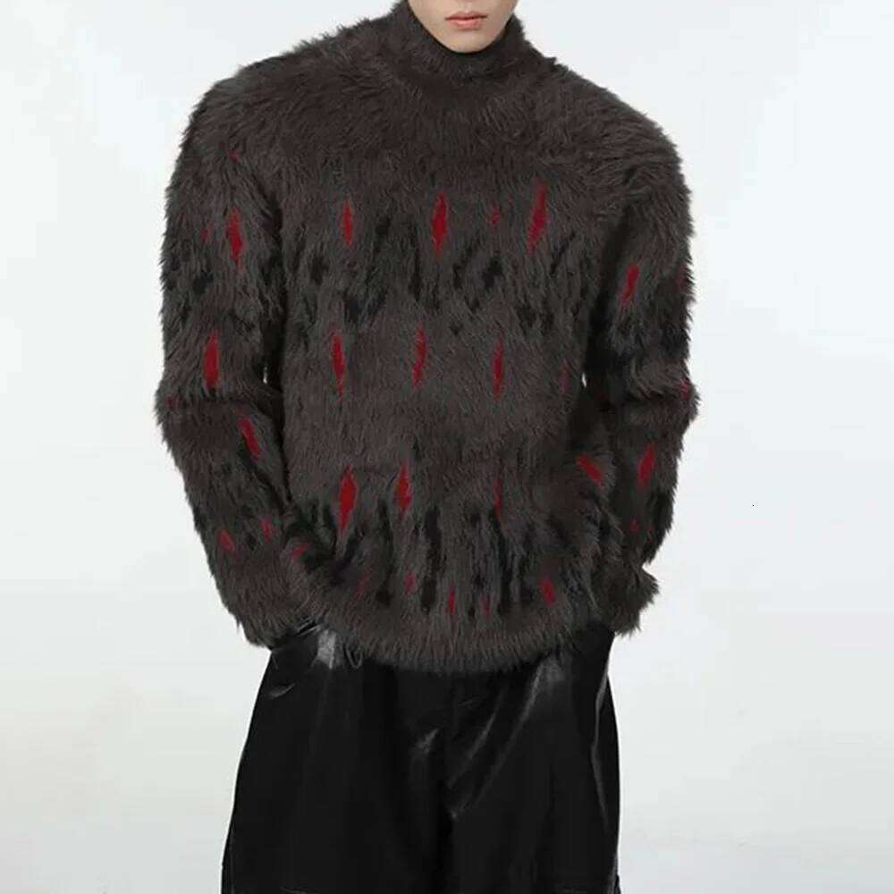 Mens Sweater Punk Goth Y2k Knitted Pullover Shaggy Faux Fur Streetwear Turtleneck Baggy Fit Winter Fashion Tops Men's Clothes