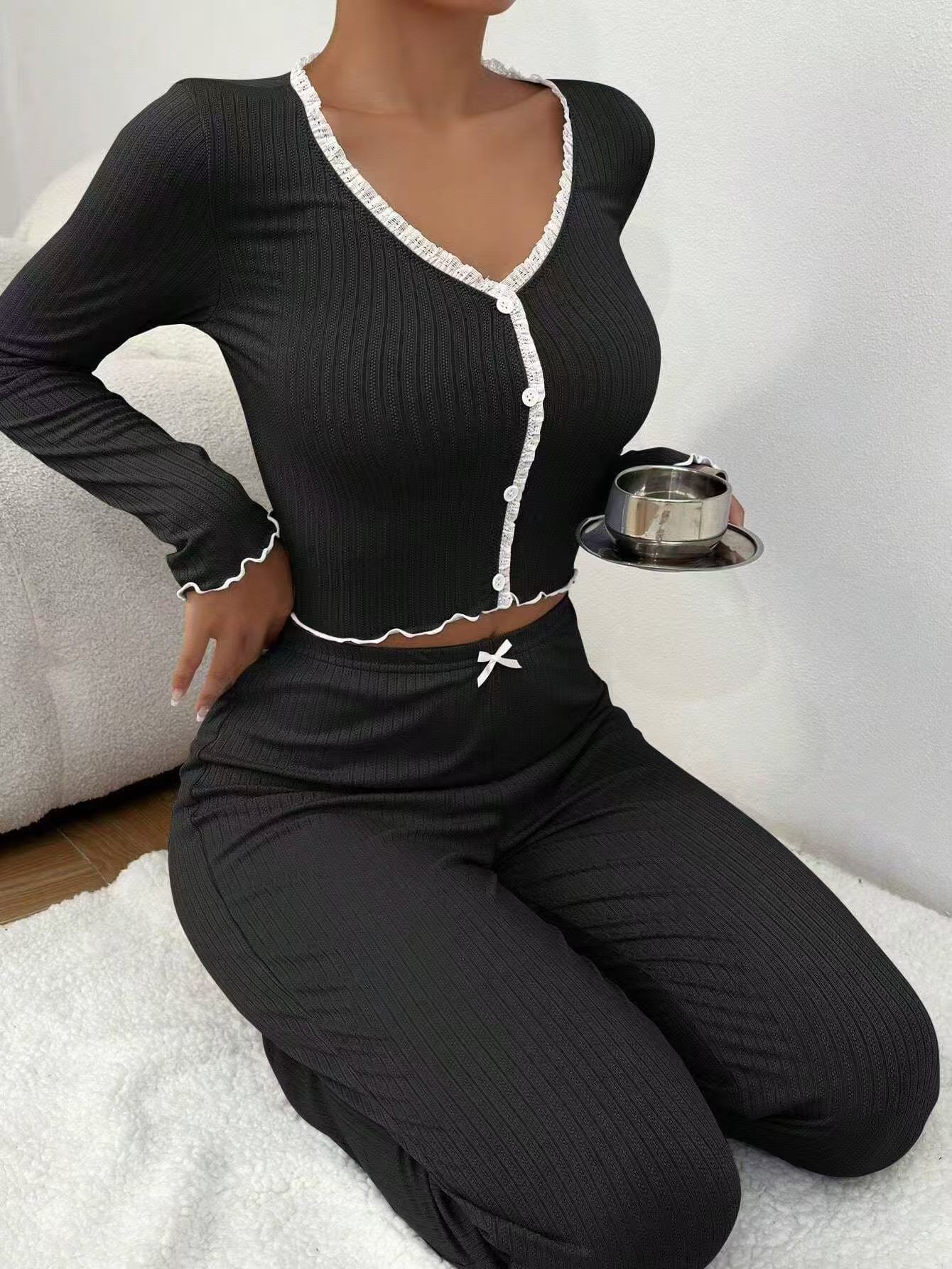 B415-New European and American home clothes pajamas long sleeves and long pants slim lace double long home suit