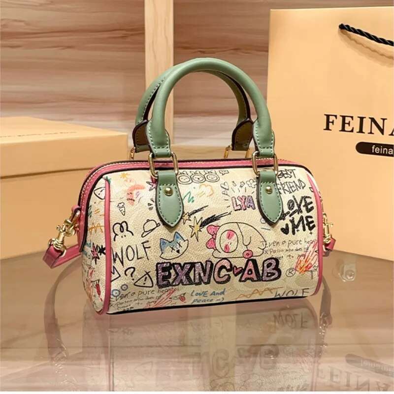 Brand Women's Handbag 2025 Spring/Summer New High end Single shoulder Crossbody Graffiti Bear Boston Pillow Bag