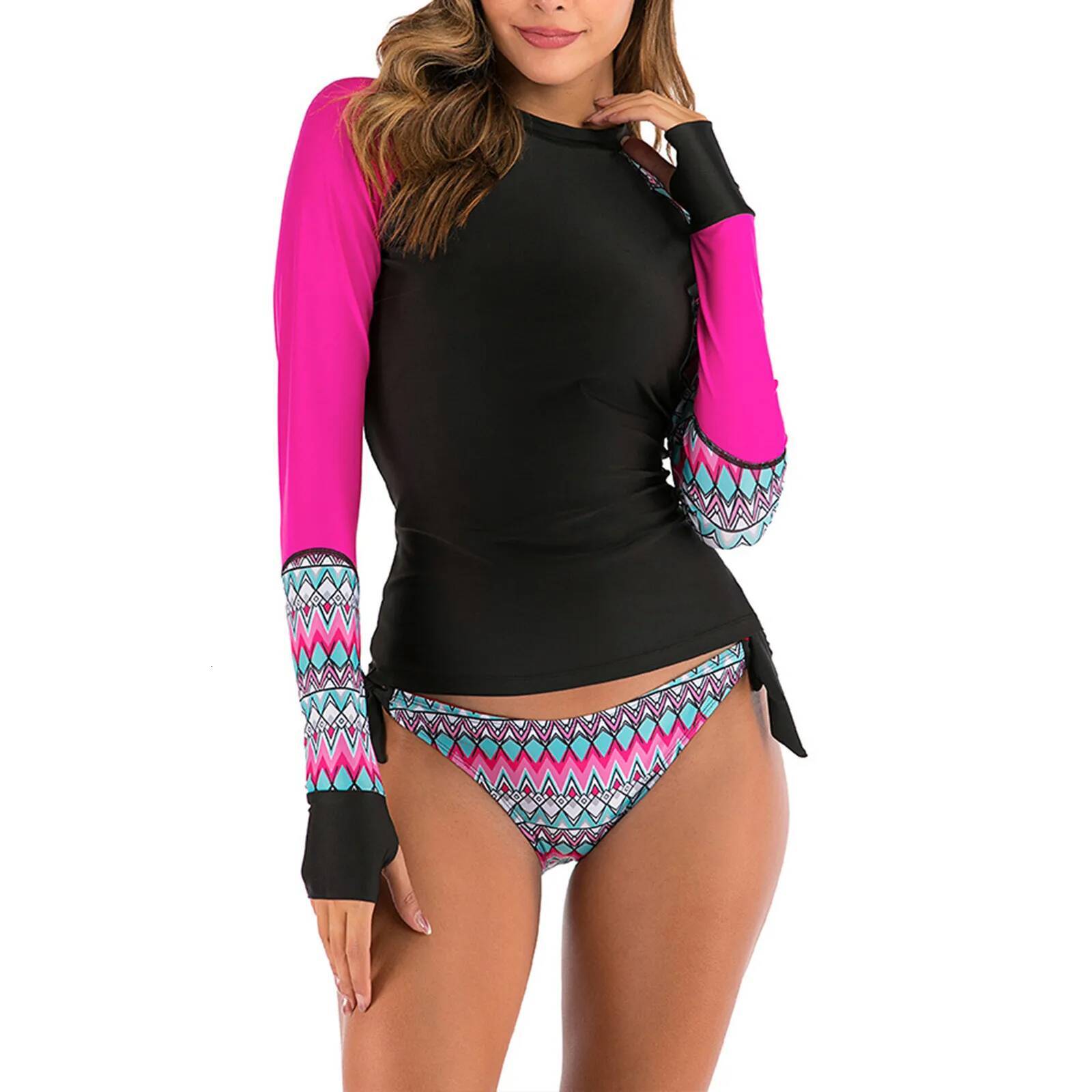 Women'S Conservative 2-Piece Swim Beach Bathing Suit Set Patchwork Long-Sleeved Split Bikini Swimsuit Sets 2024
