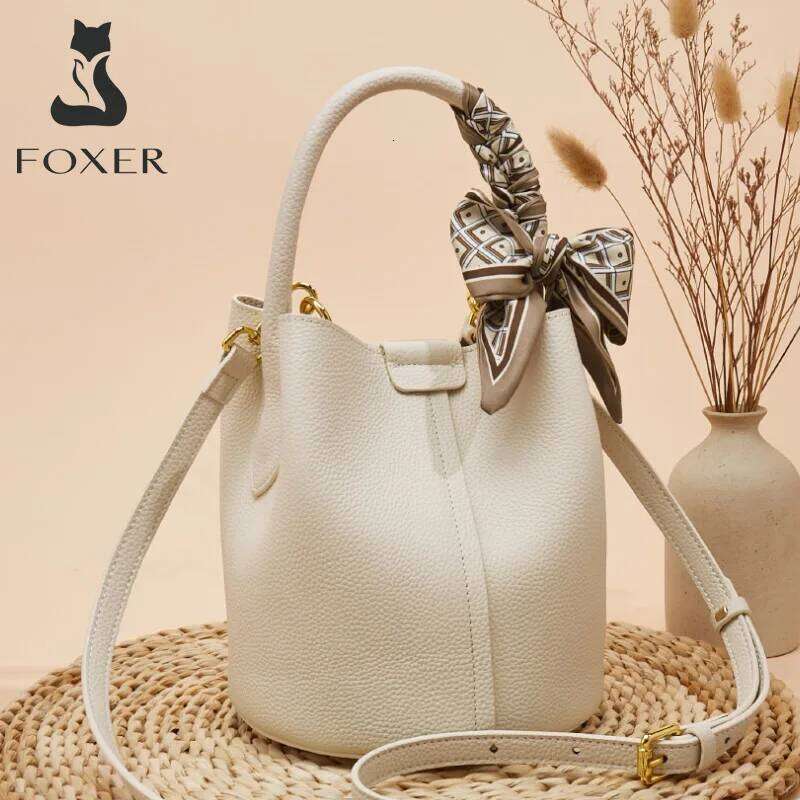 FOXER Women Shoulder Crossbody Handbag Lady Genuine Leather+ Microfiber Fashion Bucket Bag Gift for Lover