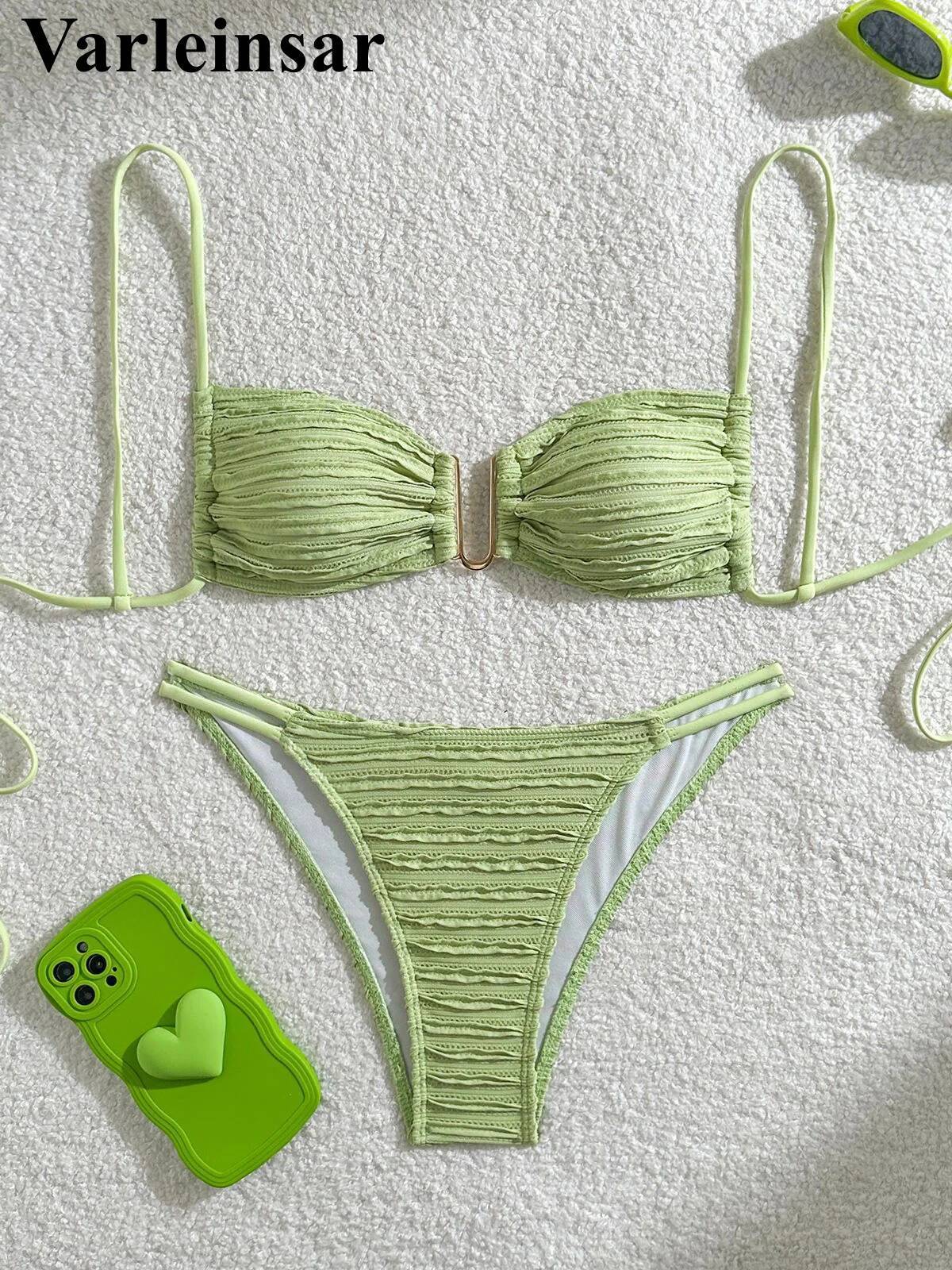 U Neck Wrinkled Crinkled Women Swimwear Female Swimsuit Two-pieces Bikini set High Cut Bather Bathing Suit Swim V5708B