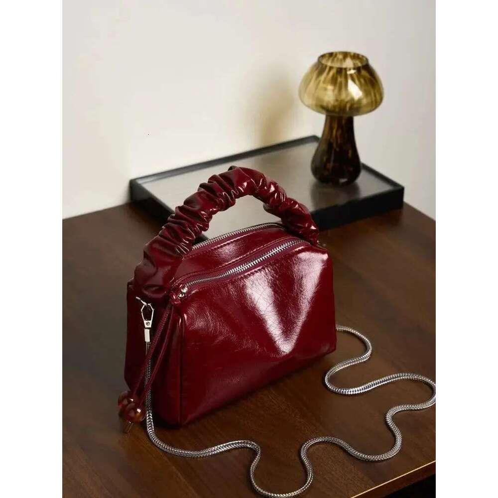 2024 New Wine Red Soft Leather Boston Bag Women Chain Strap Shoulder Handbag Fashion Girls Roomy Pocket For Items