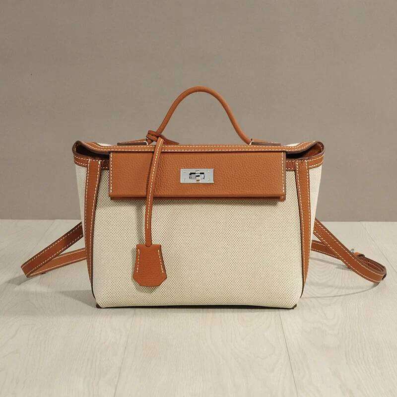 Vintage Classic High-End Feel Canva Cow Leather Flip-Open Molded Lock Buckle Color Blocking Small Square Crossbody Bag
