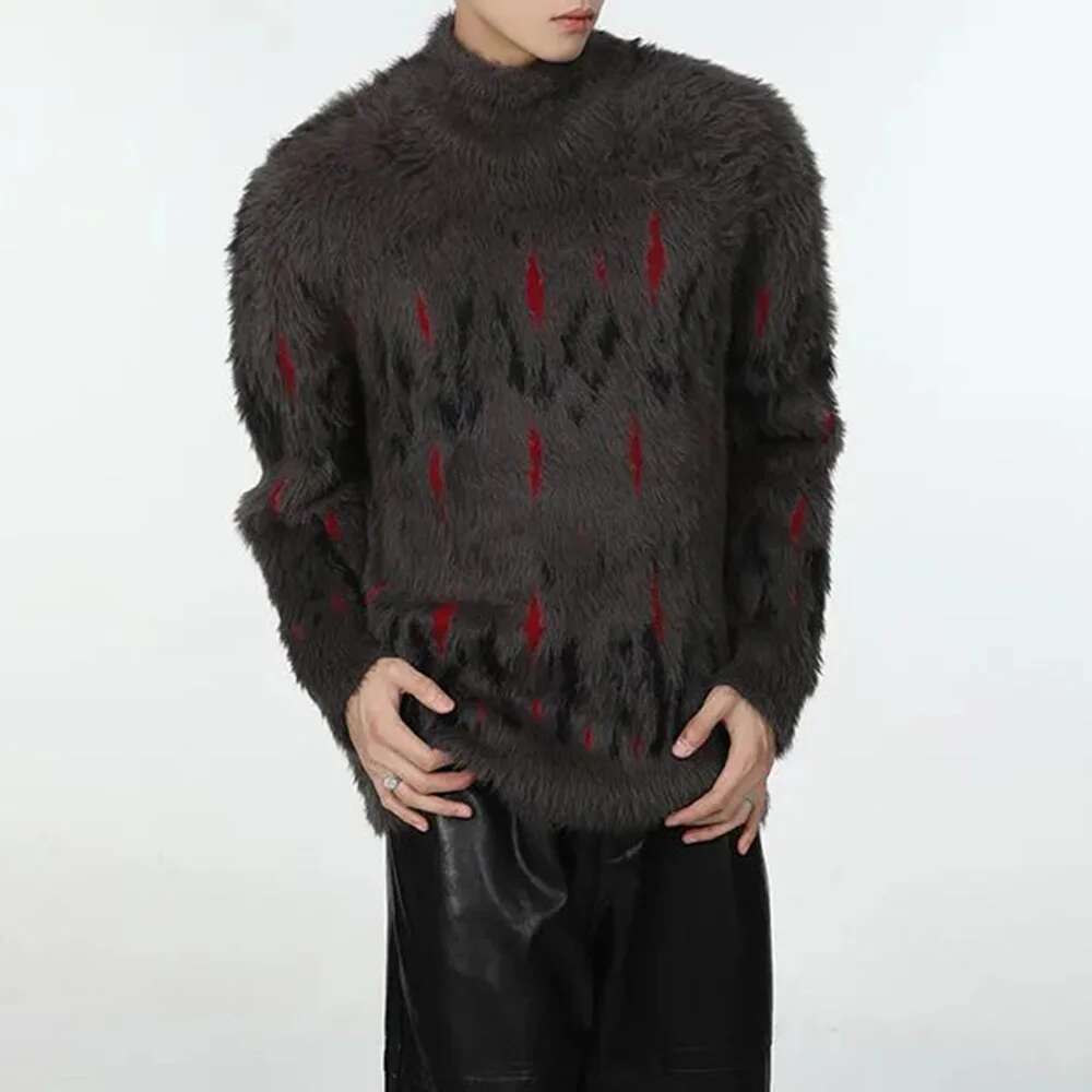 Mens Sweater Punk Goth Y2k Knitted Pullover Shaggy Faux Fur Streetwear Turtleneck Baggy Fit Winter Fashion Tops Men's Clothes